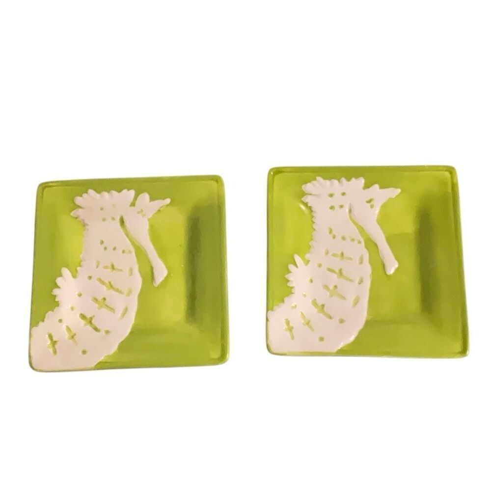 Paradise Cove by Laurie Gates Seahorse Square Salad Plate Green White Set of 2
